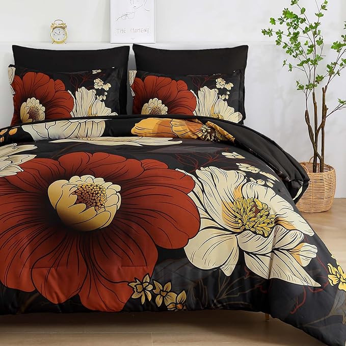 Xruibed Black Floral Comforter Set Queen Size 7 Pieces Bed in a Bag Flower Bedding Sets Lightweight Boho Bed Set with Sheet,Pillowcases&Shams for All Season