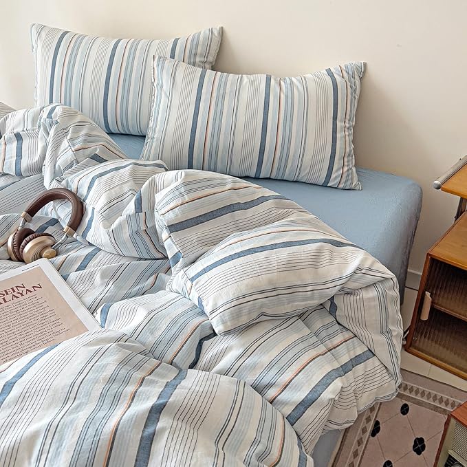 VM VOUGEMARKET Blue Striped Duvet Cover Set King 100% Washed Cotton Linen Like Textured Breathable Durable Soft Comfy Bedding Set - King 104"x90"