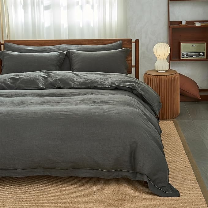 Simple&Opulence 100% Washed Linen Duvet Cover with Embroidered, 2 Pieces Soft Farmhouse Comforter Set with Button Closure,1 Duvet Cover and 1 Pillowsham(Twin,Charcoal Grey)