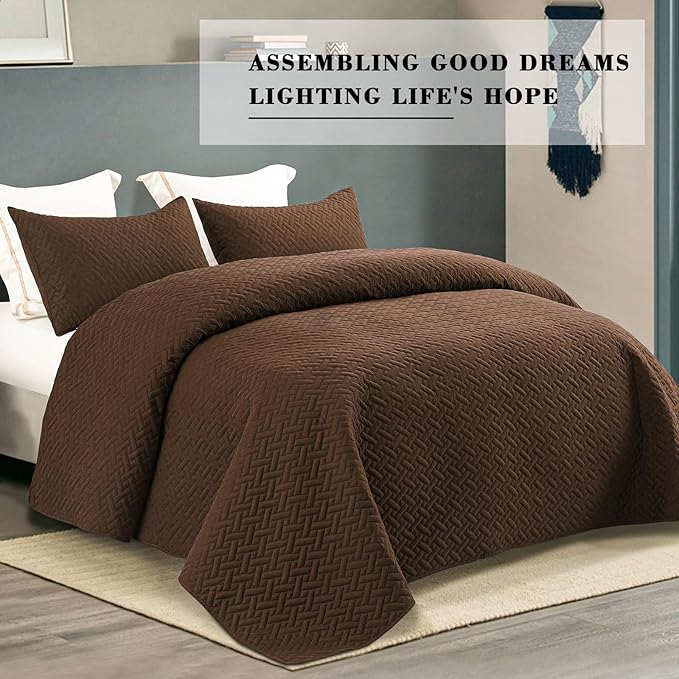 Exclusivo Mezcla Full Queen Size Quilt Bedspreads with Basket Weave Pattern, Soft Lightweight Summer Quilts Bedding Set Coverlets Bed Cover for All Seasons, Brown