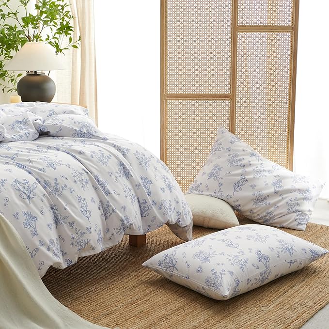 Nayoroom Blue Floral Duvet Cover King Size Cottagecore Flower Leaf Spring Comforter Cover 3 Pcs Soft Breathable Microfiber Pastoral Aesthetic Bedding Set with Zipper Closure