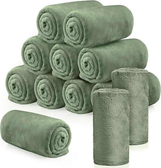Tinideya 12 Pcs Flannel Fleece Throw Blanket Bulk 50 x 60 Inch Soft Fleece Blanket Warm Throw Blanket Coral Blankets for Couch Sofa Home Wedding Gifts Season (Sage Green)