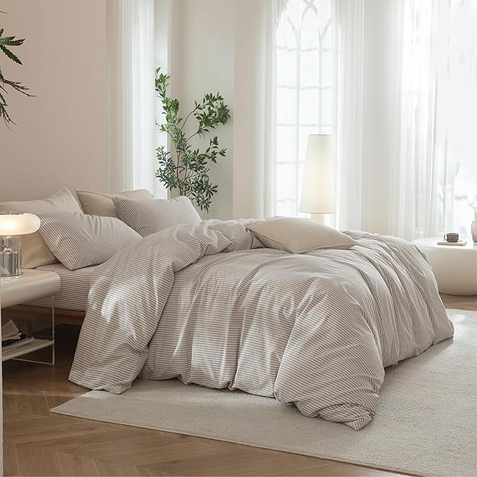 JIYUAN 100% Washed Cotton Striped Duvet Cover Set 3 Pieces King, 1 Duvet Cover and 2 Pillowcases(Comforter Not Included),Linen Like Comfy and Breathable,Pinstripes - Taupe White