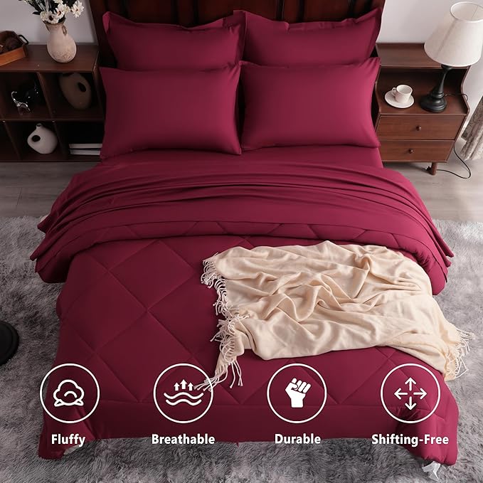 NTBAY King Comforter Set with Sheets, 7 Pieces Soft and Breathable King Bedding Set, Bed in a Bag, Down Alternative Comforter Set Solid Color All Season, Wine Red