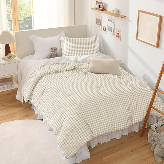 Andency Beige Gingham Comforter Set Full(79x90Inch), Cream Checkered Grid Plaid Buffalo Bed Set for Girls Boys Kids Teens, 3 Pieces Lightweight Microfiber Geometric Preppy Bedding