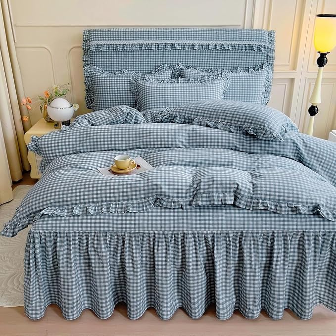 LifeTB Twin XL Comforter Set Blue Gingham Comforter with 2 Pillowcases Ruffle Plaid Grid Pattern Comforter Set for Men Boys Fluffy Soft Lightweight Bedding Boho Plaid Checkered Comforter Twin XL