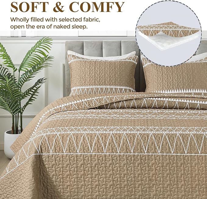 Andency Taupe California King Quilt Set, 3 Pieces Boho Lightweight Soft Striped Cal King Bedspread for All Season (112"x104"), Printed Bohemian Microfiber Reversible Coverlet Comforter Sets