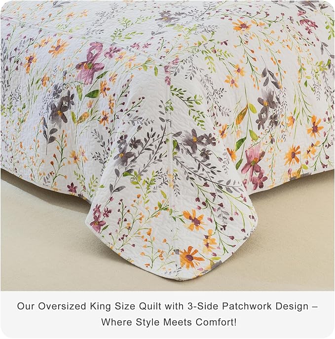 QSH 3Pcs Floral Quilt Oversized Queen Size (102"x118") -100% Cotton Quilt Oversized Queen Set Summer Botanical Yellow Wild Flower Printed Bedspread Coverlet Extra Soft Lightweight with Pillowshams