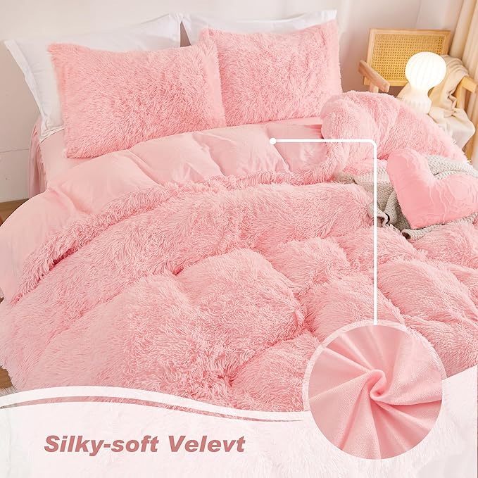 annadaif Fluffy Duvet Cover Full Size, Pink Plush Shaggy Faux Fur Comforter Cover Velvet Bedding Set with Zipper Closure(1 Duvet Cover, 2 Pillowcases)