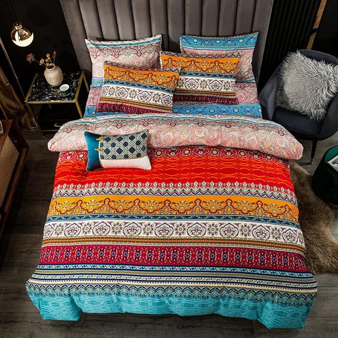 Bohemian Duvet Cover Set Queen Size Colorful Floral Boho Striped Bedding Set Soft Microfiber Double Duvet Cover Southwestern Indian Tribal Reversible Bedding Exotic Style Decor Boho Comforter Cover
