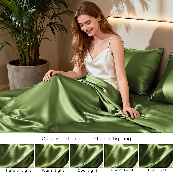 Love's cabin Full Size Satin Sheet Sets - 4 Piece Sage Silky Satin Sheet Set Full with Deep Pocket, Luxury Silk Feel Satin Bed Sheets Full Bedding Set (1 Flat Sheet,1 Fitted Sheet,2 Pillow Cases)