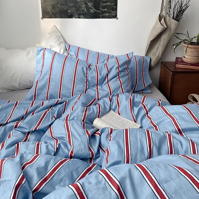 mixinni Vintage Striped Blue Duvet Cover Twin - 100% Cotton Red Stripes 3-Piece Bedding Duvet Cover Set with Zipper Closure, Soft & Breathable Retro Design for All Seasons (Twin Size)