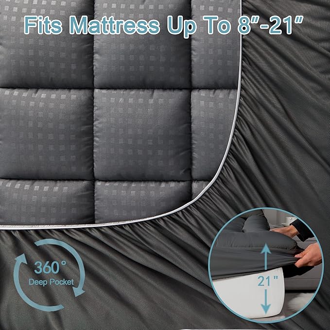 HYLEORY Full Mattress Pad Quilted Fitted Mattress Protector Cooling Pillow Top Mattress Cover Breathable Fluffy Soft Mattress Topper with 8-21" Deep Pocket, Dark Grey