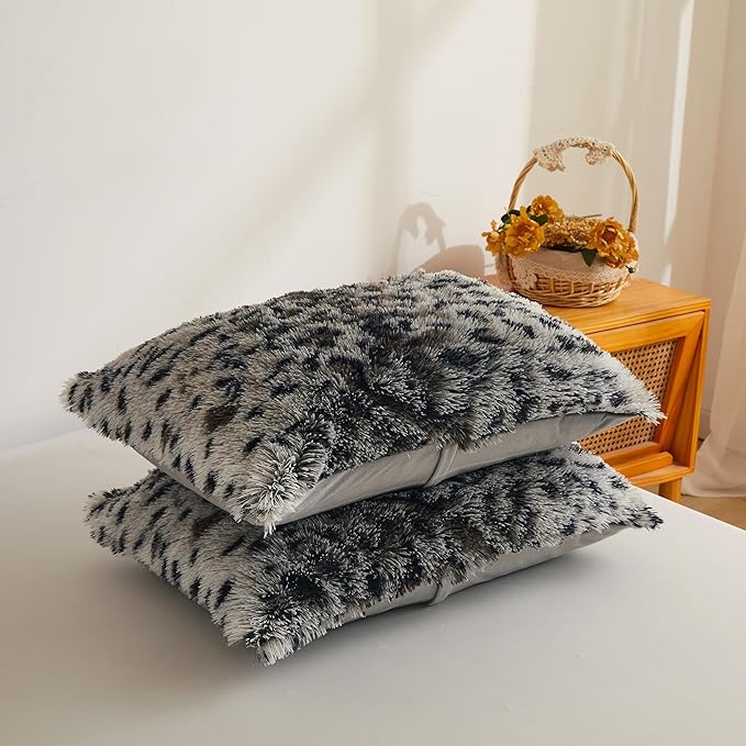 XeGe Leopard Print Fluffy Faux Fur Duvet Cover Set, 2 Pieces Soft Plush Shaggy Farmhouse Fuzzy Bedding Set(1 Faux Fur Cheetah Print Comforter Cover + 1 Furry Pillowcase), Zipper Closure(Twin, Grey)