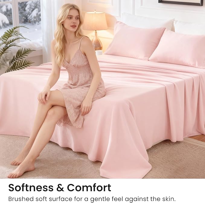 Love's cabin Fleece Full Sheet Set - 4 Pcs Pink Super Soft Plush Polar Fleece Bed Sheets Set with 16" Deep Pocket,Cozy Warmth for Cold Season(1 Flat Sheet,1 Fitted Sheet,2 Pillow Cases)