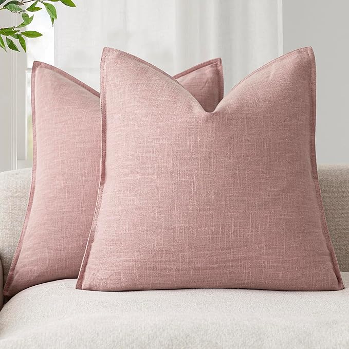 Foindtower Pack of 2, Decorative Linen Soild Throw Pillow Covers Soft Accent Cushion Euro Case Boho Farmhouse Pillowcase for Chair Couch Sofa Bedroom Living Room Home Decor 18 x 18 Inch Rose Pink