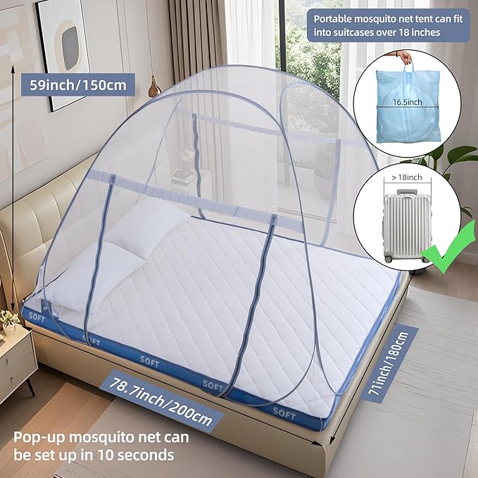 Pop-Up Mosquito Net Tent for Bed, Portable Folding Design Camping Travel Mosquito Tent with Net Bottom for Baby Adults, Easy to Install and Wash for King Size Bed 79 x 71 x 59 inch