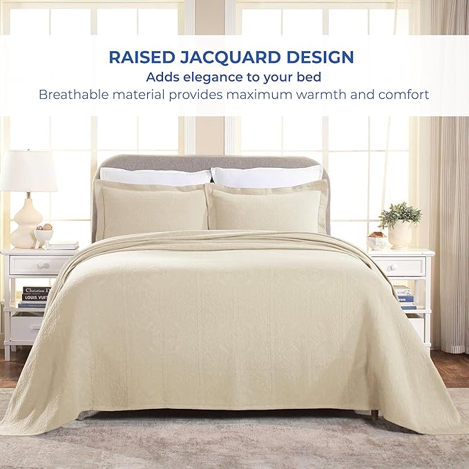 Superior Cotton Fleur De Lis Bedspread Set, Warm Blankets, All-Season Bedding, Bedroom Decor, Decorative Boho Medallion Coverlet, Includes 1 Bedspread, 2 Pillow Shams, King, Ivory