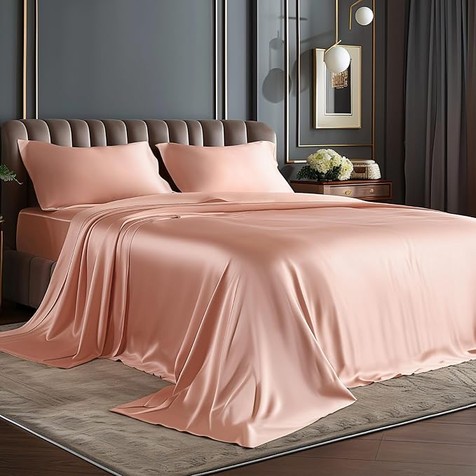 BEDELITE Satin Sheets Twin XL Size Bed Set, Luxury Soft Coral Pink Silky Sheets for Hair and Skin, Similar to Silk Bed Sheets Set 3 Pieces with 1 Deep Pocket Fitted Sheet, 1 Flat Sheet, 1 Pillowcase