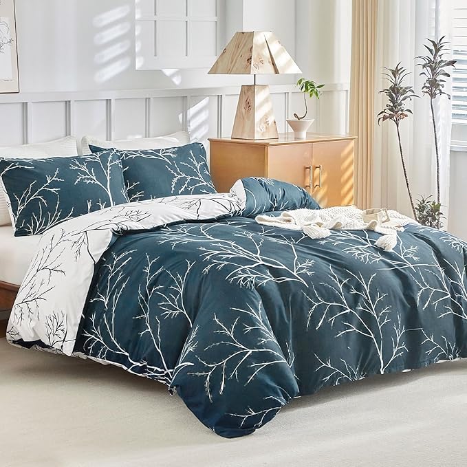 Lekesky Reversible Duvet Cover Queen Size, Dark Blue White Thin Branch Comforter Covers Queen 3pc Ultra Soft Microfiber Breathable Stylish Bedding Sets with Zipper Ties