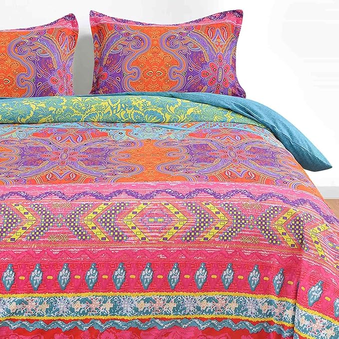 Nanko Twin XL Size Duvet Cover Set Boho Red and Green Colorful Striped Print Luxury Soft Microfiber Bedding Comforter Cover with Zipper Ties - Bohemian Western Bed Sets for Men and Women 2pcs 68 x 90
