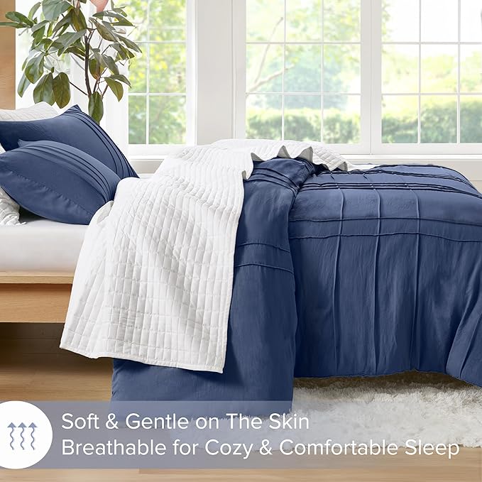 Comfort Spaces Navy Queen Duvet Cover Set - 3-pc Pintuck Pleated, All Season Lightweight, Extra Soft Pre-Washed Microfiber Bed Cover Shams