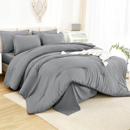 Litanika California King Comforter Set Medium Gray - 7 Pieces Bed in a Bag Cal King Bedding Comforter Sets, Plain Lightweight Bed Set with Comforter, Sheets, Pillowcases & Shams