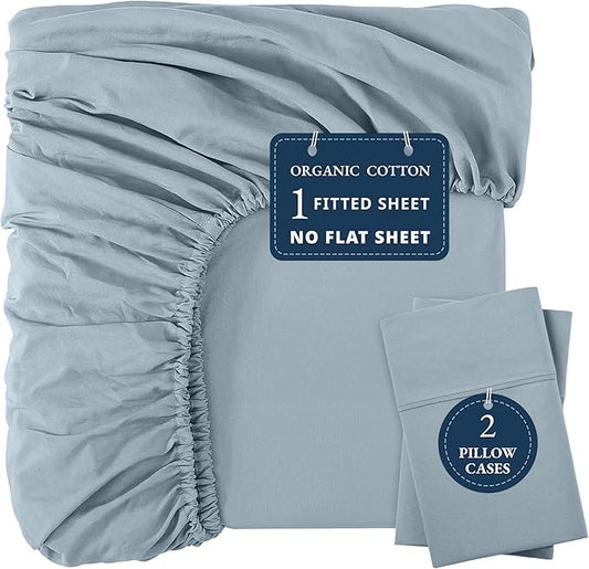 LANE LINEN Fitted Sheet Full Size - 100% Organic Cotton, 3Pc Set (1 Fitted Sheet, 2 Pillowcases) Percale Weave, Bed Fitted Sheets, Breathable, Fits Mattress Upto 15" Deep -French Blue (No Flat Sheet)