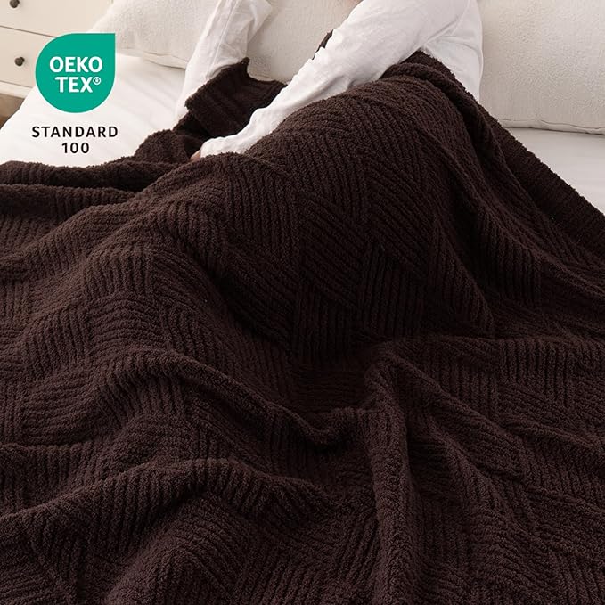 Battilo Brown Diamond Knit Throw Blanket for Couch and Bed, Soft Textured Chenille Blanket, Cozy Lightweight Decorative Blanket for Sofa, 50"x60"