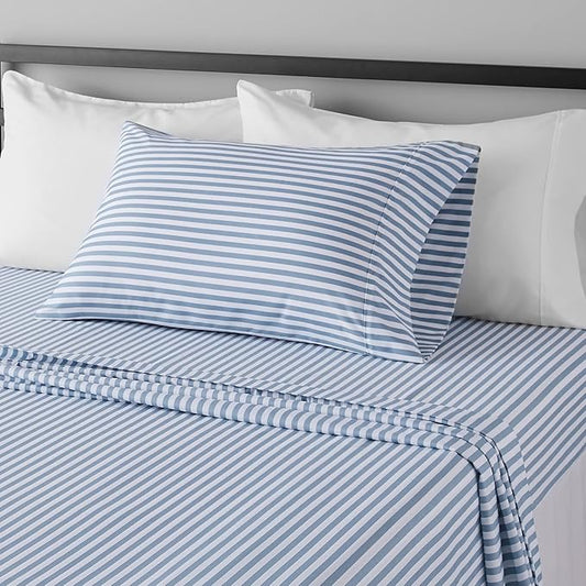 Amazon Basics Breathable, Brushed Microfiber Wrinkle Resistant 3 Piece Bed Sheet Set with 14-Inch Deep Pockets, Twin, Dusty Blue Pinstripe, Printed