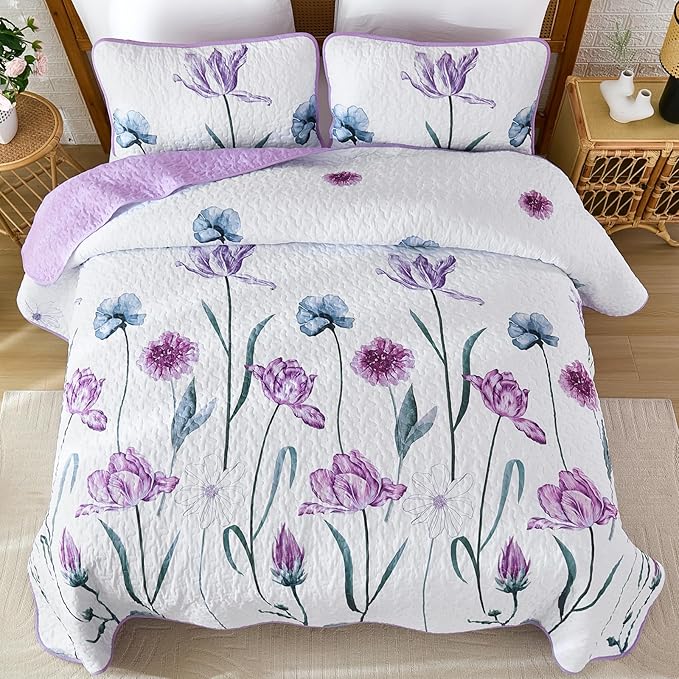 WONGS BEDDING Purple King Quilt Set, 3 Pieces Light Purple Floral Bedspread Coverlet Set, Lightweight Spring Farmhouse Cute Botanical Quilts Bedding Set (104"x90")