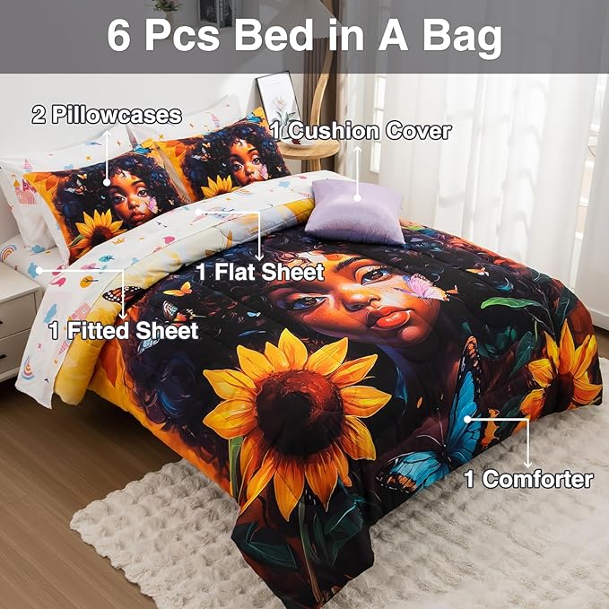 A Nice Night 6pcs Comforter Sets,Black Girl with Butterfly Flying Printed, Sunflower Flowering Shrubs Background Kids Bedding Set,Queen