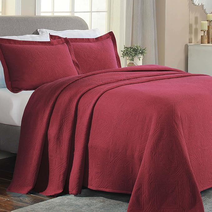 Superior 2 Piece Celtic Circles Cotton Bedspread Set, Decorative Bed Spread, Home Bed Decor, 1 Pillow Sham, Medium Weight Blanket, Matelasse Coverlet Bedding, Wedding Ring Design, Full, Burgundy