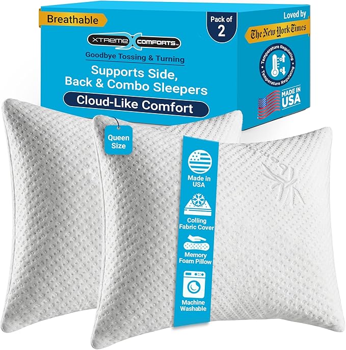 Xtreme Comforts 2-Pack Memory Foam Pillows Made in The USA - Queen Size, Slim Cooling Pillow for Sleeping on Side, Back & Stomach - Firm and Soft Bed Pillows