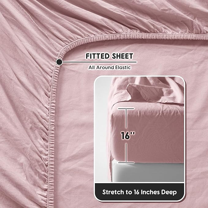 SONORO KATE 100% French Pure Linen Sheets, Breathable and Durable Linen King Size Sheets, Anti-Tear Linen Bed Sheets, Machine Washable, 16 Inch Deep Pocket - 4 Piece (Embroidery Purple, King)