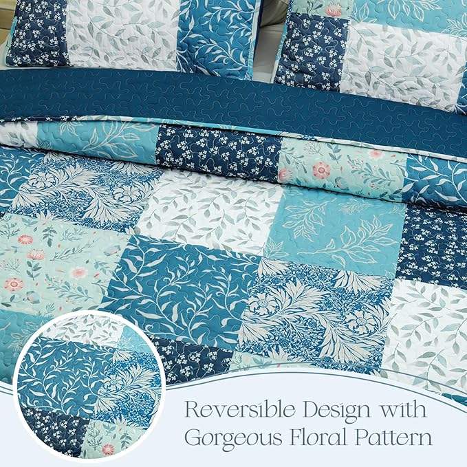 Exclusivo Mezcla Reversible Boho Quilts King Size, Navy Blue Bedspreads Lightweight Coverlet All Season Patchwork Quilt Bedding Set with Printed Floral Pattern (1 Quilt, 2 Pillow Shams)