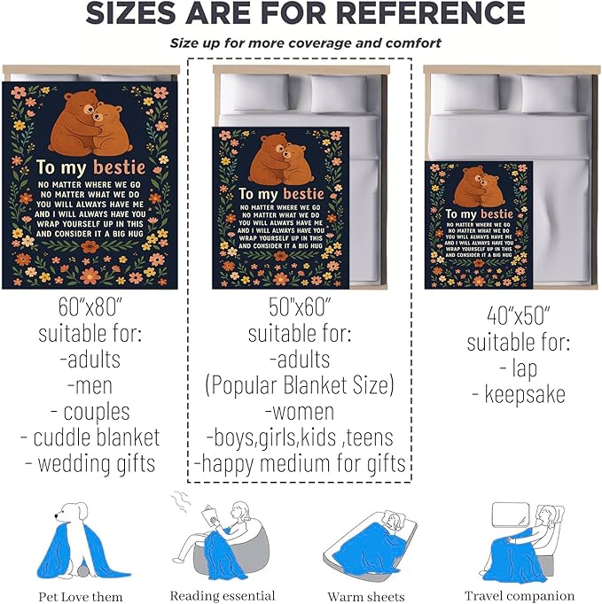 Friendship Gifts, Best Friend Birthday Bear Theme Flannel Blanket for Women, Wife, to My Bestie Throw Blankets for Friends, Sisters, Kids, Travel Camping Sofa Living Room Decor 40x50 in