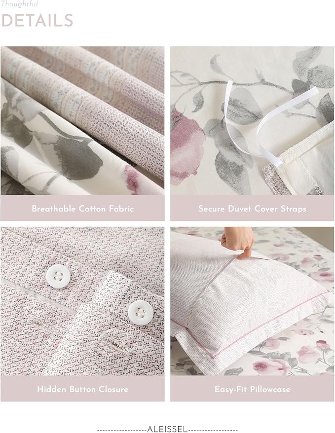 Vintage 100% Cotton Duvet Cover Full Size - Dusty Rose & Soft Gray Foliage on White, Blush French Striped Patchwork Reverse, Neutural Bedding Set 3Pcs with Button Closure (Full,80"×90")