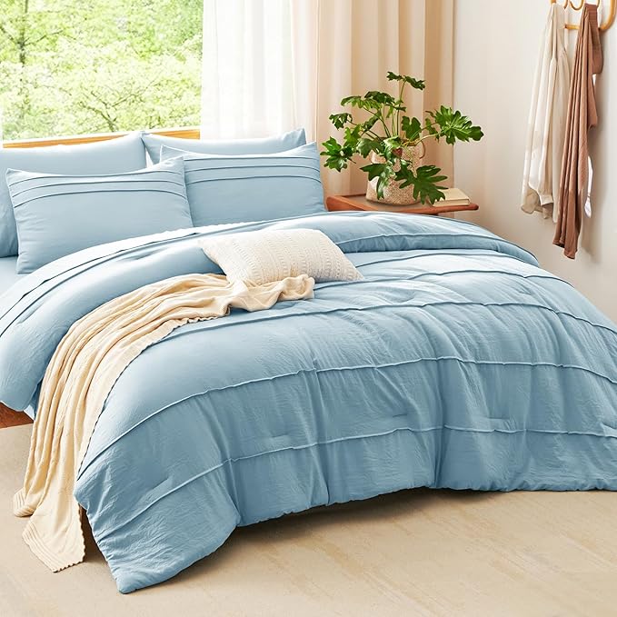 CozyLux King Size Comforter Set Light Blue, 7 Pieces Soft Pinch Pleat Bed in a Bag King Comforter Set with Sheets, Boho Bed Set with Down Alternative Comforter, Sheets, Pillowcases & Shams