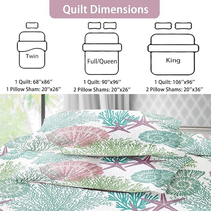 Tritard 3 Piece Coastal Quilt Sets King Size - Reversible Microfiber Quilts with 2 Shams Soft Lightweight Beach Bedding Nautical Bedspread Coverlet Summer Comforter Set for All Season, 106''x96'', C5