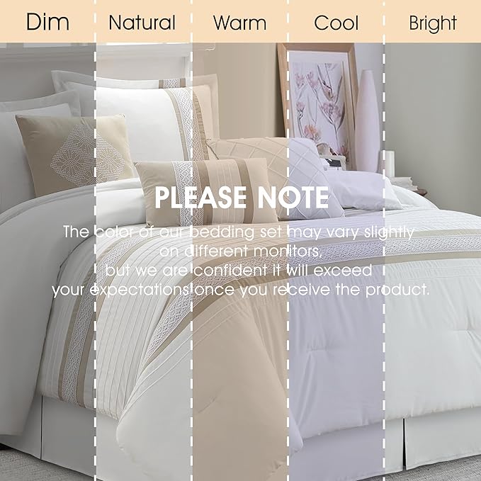 7 Piece Comforter Set, Taupe White, California King, Boho Style Geometric Microfiber Embroidery, Bed in a Bag with Bedskirt, Pillow Shams and Decor Pillows