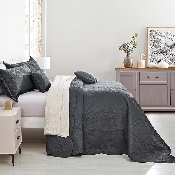Oversized King Bedspread, Ultrasonic Lightweight Bedding Cover, Paisley Pattern, Reversible, 5 Piece, 100% Microfiber, Dark Grey
