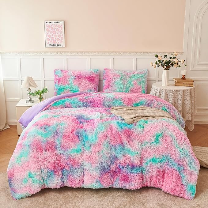 PERFEMET Pink Blue Fluffy Comforter for Girls Twin Size 3-Piece Ultra Soft Tie-Dyed Faux Fur Plush Bedding Comforter Sets Warm Cozy Tie Dyed Velvet Fuzzy Furry Bed Set for Kids Teens(Pink Blue, Twin)