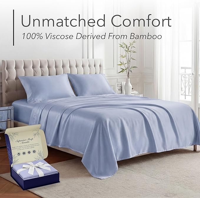 DECOLURE 100% Viscose Derived from Bamboo Sheets King Size - Luxury 4 Pc Naturally Cooling Sheets, Ultra Soft Bed Set - Deep 17" Pockets, Durable Double Stitching, Oeko Tex Standard (Light Blue)