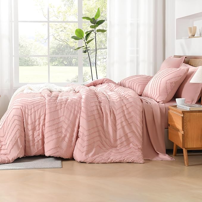 Litanika Blush Pink King Size Comforter Set with Sheets - 7 Pieces Bed in a Bag King Boho Tufted Complete Bedding Sets with Comforter, Sheets, Pillowcases & Shams