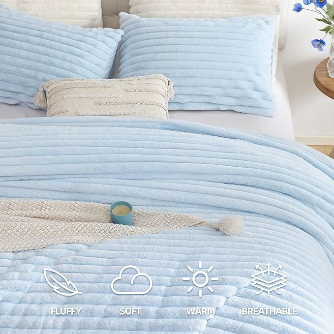 Smoofy Fluffy Queen Size Comforter Set 3 Pieces - Light Blue Fleece Fluffy Comforter Set, Luxury Fuzzy Queen Bedding Set, Soft Warm Bed Set All Season, Heavy Faux Fur Comforter with 2 Pillow Cases