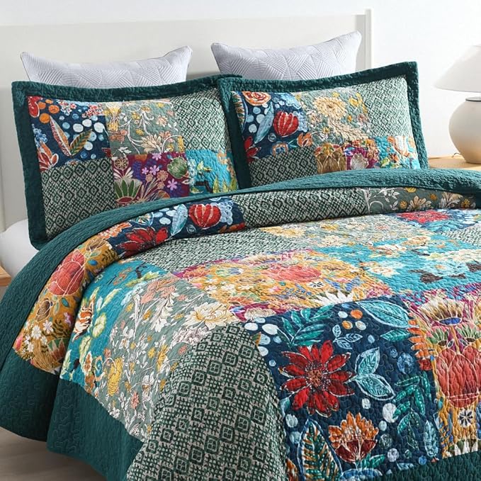 Autumn Dream Cotton Bedspread Quilt Sets Reversible Bedding Coverlet Sets Comforter, Vintage Floral Patchwork Turquoise Bedspread, King Size | Breathable material, Reversible, Soft durable, Handmade patchwork, Machine waschable, Jacquard stitching