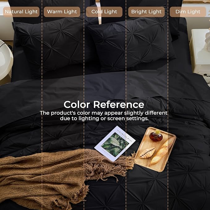 Sasttie Full Size Comforter Set, 7-Piece Bed in a Bag, Pintuck Bedding Set for All Season, Includes Comforter, Flat Sheet, Fitted Sheet, Pillowcases and Pillowshams, Black