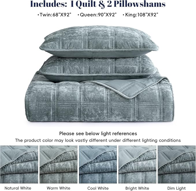 PHF Ultra Soft Velvet Quilt Set King Size – 3PCS Luxurious Cozy Quilted Comforter Alternative with Diamond Pattern, Warm Quilted Bedspread Coverlet, 108" x 92", Dusty Blue