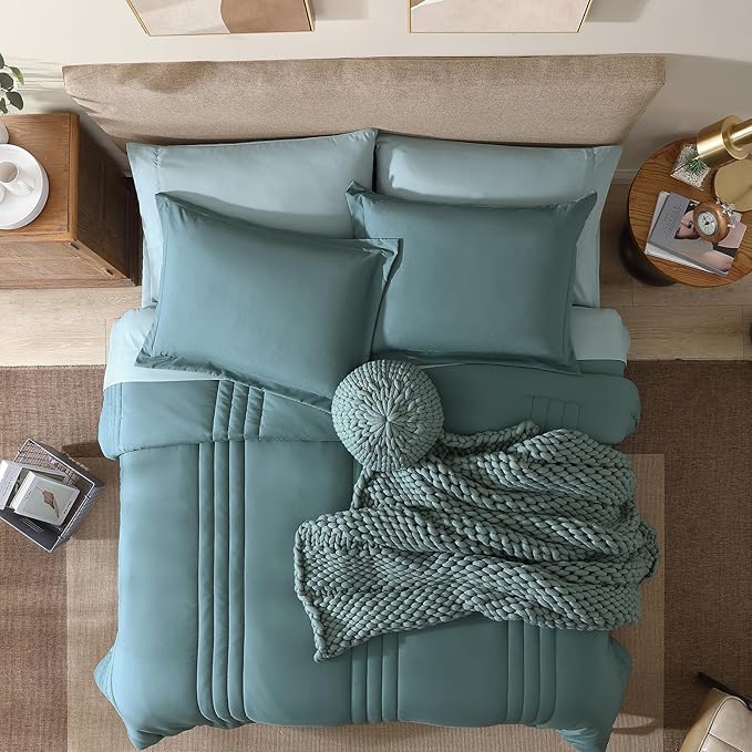 Monbix Full Comforter Set - 7 Pieces Blue Green Bed in a Bag Full Size Bedding Sets with Comforters, All Seasons Comforter with Sheets, Pillowcases & Shams